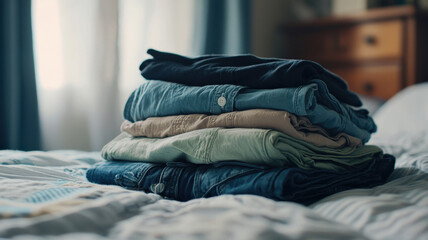 A close-up shot of someone folding fresh laundry, stacking colorful shirts into neat piles on a bed, creating an organized and tidy atmosphere.
