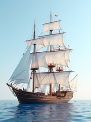 A majestic, three-masted sailing ship cuts through the waves under billowing white sails, its sturdy brown mast standing strong against the ocean's fury