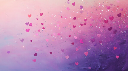 A soft gradient of pastel pinks and purples, with scattered glitter hearts floating gently across the screen.