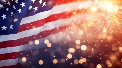 Vintage American flag with blurred fireworks in the sky, wide banner background for American national holiday celebration with copy space