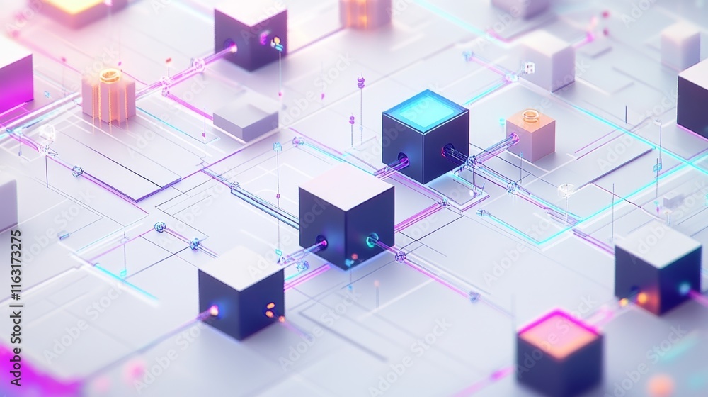 Aufkleber futuristic tech network grid - cartoon 3d data nodes on white background