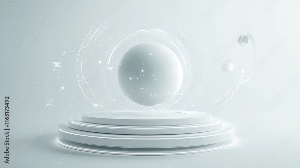 Poster tech fusion: abstract 3d technology icons orbiting glowing sphere