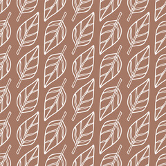 Seamless pattern of hand drawn elegant tree leaves white on coffee-brown background. 