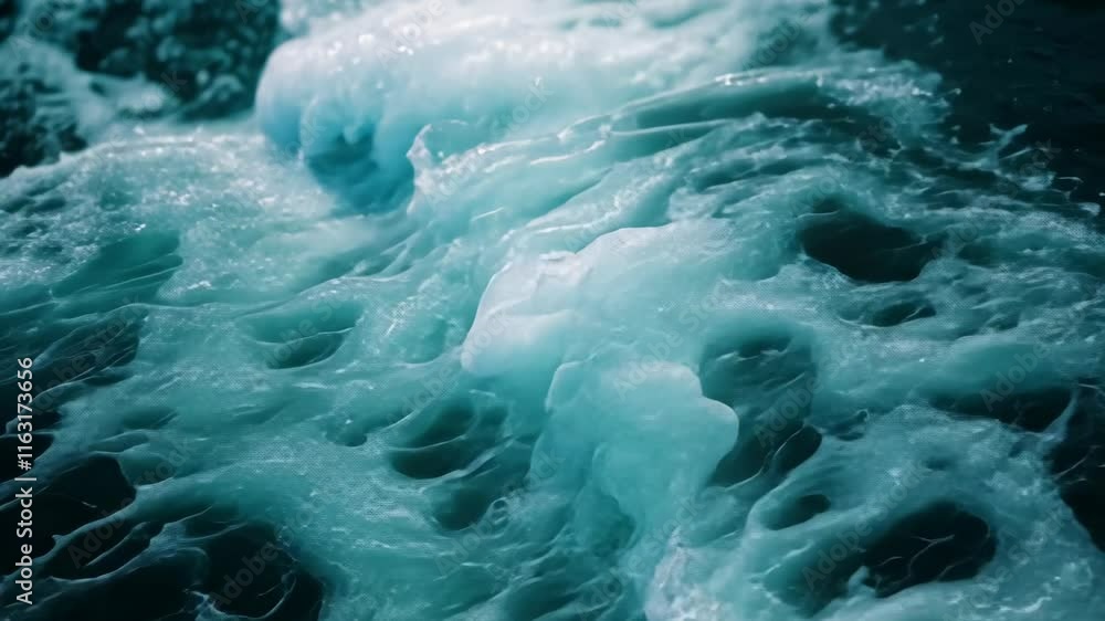Poster waves crashing in turquoise water create dynamic foam patterns during a sunny day at the beach