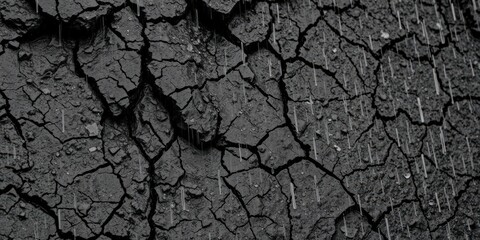 Close-up view of wet, rugged rock formations with sharp edges, covered in raindrops, creating a moody, natural, and textured atmosphere