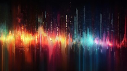 Colorful digital sound wave visualization overlaid on city skyline at night. Vibrant lines, neon colors create abstract representation of energy, data. Futuristic tech vibe with musical frequencies.