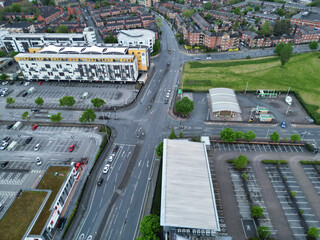 Aerial View of Buildings at Greater Manchester Central City, Northwest of England, United Kingdom. Aerial View Footage Was Captured with Drone's Camera on May 4th, 2024 During Sunset Time.