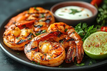 Grilled shrimps or prawns served with lime, garlic and white sauce on a dark concrete background. Seafood. Top view with copy space. Flat lay.