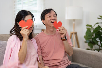 Joyful Senior Couple Celebrating Valentine's Day with Heart-Shaped Decorations in a Cozy Home Setting
