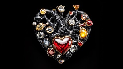Fototapeta premium Intricate heart-shaped brooch featuring gemstones, with a unique tree branch design, set against a black background for a striking, elegant appearance.