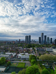 Aerial View of Buildings at Greater Manchester Central City, Northwest of England, United Kingdom. Aerial View Footage Was Captured with Drone's Camera on May 4th, 2024 During Sunset Time.