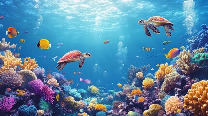 Fototapeta premium Vibrant Underwater Coral Reef with Colorful Fish and Sea Turtles
