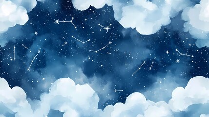 Pattern with watercolor clouds in shades of blue, stars, and constellations