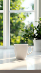 A coffee mug mockup positioned on a white countertop, illuminated by natural light streaming through a nearby window, creating a warm and inviting atmosphere.
