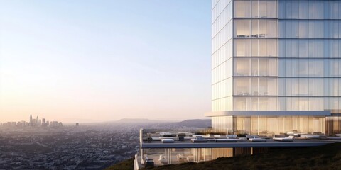 Obraz premium Modern high-rise building with glass exterior, rooftop amenities. View of city skyline at dawn. Sleek design. Residential building with outdoor lounge. Apartment complex. New construction. Urban