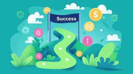 Naklejka premium Achieving Success: A Journey Through Challenges and Triumphs to Reach Your Goals