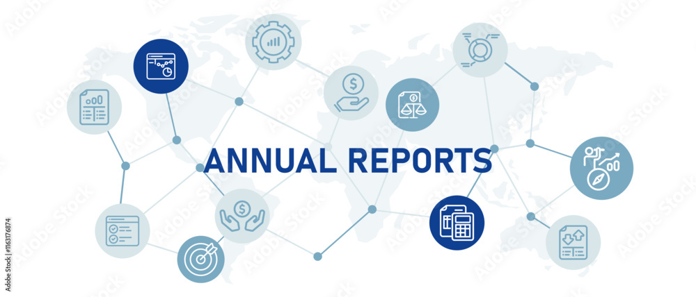 Poster annual reports yearly summary of business company performance illustration with icon income balance 