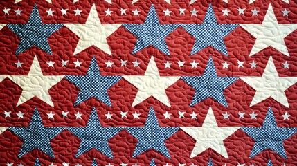 Red, white, and blue houndstooth quilt with star pattern on a red background, creating a patriotic design