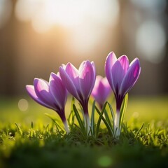 Fototapeta premium Delicate pink crocus flowers bloom in lush green grass, sunlight in serene spring setting. Nature revival. Saffron Crocus is genus of perennial bulbous herbaceous plants Iris family Iridaceae. AI.