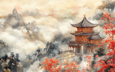 Obraz premium Chinese traditional ancient architecture art illustration