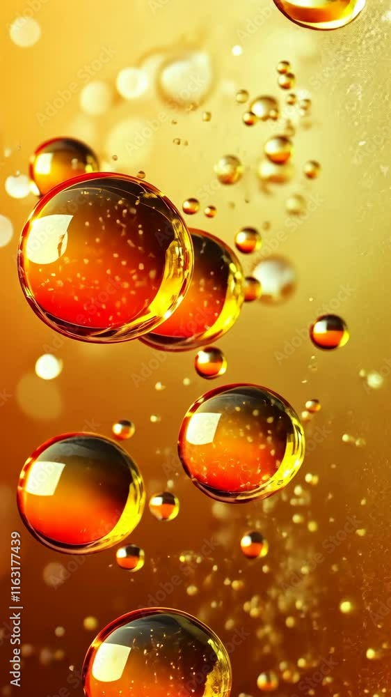 Aufkleber bubbles floating in golden liquid against a shimmering background in a warm light setting