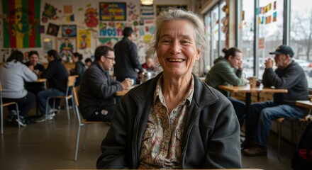 Joyful senior woman in busy cafe setting with diverse patrons and colorful decor