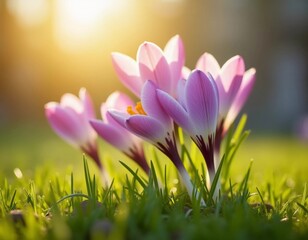 Naklejka premium Delicate pink crocus flowers bloom in lush green grass, sunlight in serene spring setting. Nature revival. Saffron Crocus is genus of perennial bulbous herbaceous plants Iris family Iridaceae. AI.