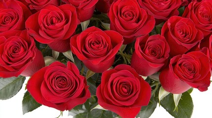 Fototapeta premium Fresh Red Roses Bouquet with Vibrant Green Leaves and Petals