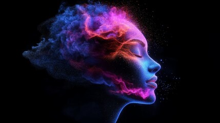 Ethereal female face, rendered in vibrant pink and blue hues. A captivating digital art piece.