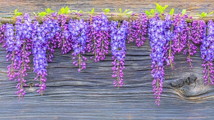 Obraz premium Vibrant Purple Wisteria Blooms Hanging Against Wooden Background