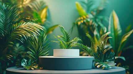 A minimalist display of a plant surrounded by lush greenery.