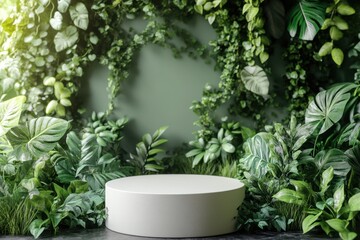 A modern display area surrounded by lush green plants and foliage.