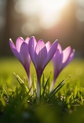 Delicate pink crocus flowers bloom in lush green grass, sunlight in serene spring setting. Nature...