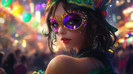Naklejka premium A depiction of a young woman dressed in a colorful carnival outfit, photographed during a lively masquerade celebration