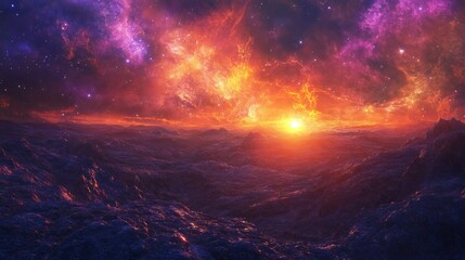 Fototapeta premium Fiery Alien Sunset: A Cosmic Landscape