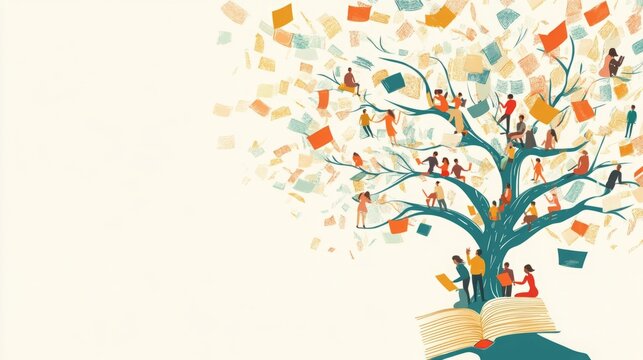 A vibrant illustration of diverse people interacting with a knowledge tree, symbolizing the growth and spread of ideas.
