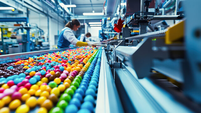 A bustling candy factory scene featuring workers crafting unique sweets, vibrant candies on conveyor belts, and intricate chocolate molding machines actively producing colorful treats.
