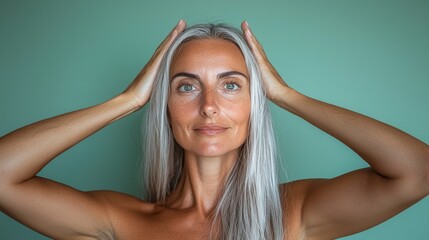 Obraz premium Beautiful Mature Woman with Long Gray Hair Skincare Beauty Portrait