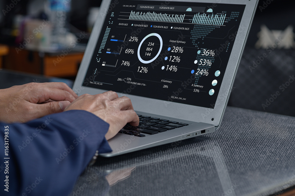 Poster modern business dashboard with data analytics on laptop screen