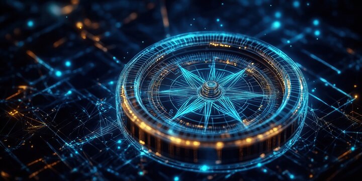 Futuristic digital compass with glowing blue lines, particles. Tech compass navigation, modern technology. Abstract design with dark background. Graphic illustration. Art. Represents direction, - Powered by Adobe