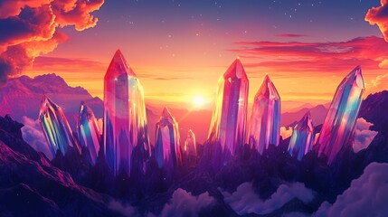 Crystal Mountains Sunset Fantasy Landscape