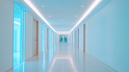 A modern, bright corridor with blue lighting and minimalist design.