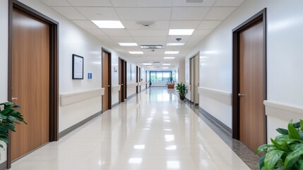 A clean, modern hospital corridor with doors and plants.