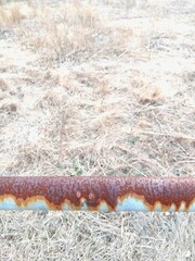 立ち入り防止の錆びた鉄パイプと枯れた冬の野原