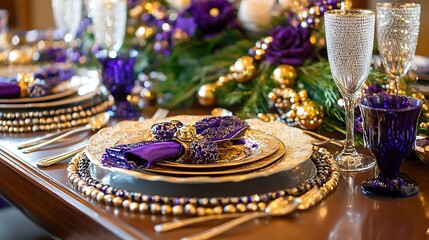 A lively Mardi Gras table setting featuring shimmering gold and purple beads, complemented by festive decorations embodying the essence of Carnival