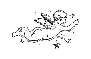 Cherub outlines and line art for Valentine's Day. Symbol of love and romantic. Antique Angel Baby Cupid illustration for printing on cards, invitations, tattoo, clothing art