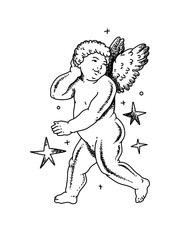 Fototapeta premium Cherub outlines and line art for Valentine's Day. Symbol of love and romantic. Antique Angel Baby Cupid illustration for printing on cards, invitations, tattoo, clothing art