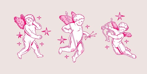 Cherub outlines and line art for Valentine's Day. Symbol of love and romantic. Antique Angel Baby Cupid illustration for printing on cards, invitations, tattoo, clothing art