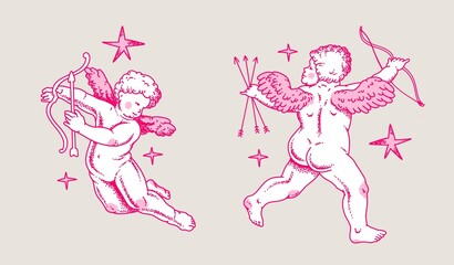 Cherub outlines and line art for Valentine's Day. Symbol of love and romantic. Antique Angel Baby Cupid illustration for printing on cards, invitations, tattoo, clothing art