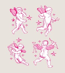 Cherub outlines and line art for Valentine's Day. Symbol of love and romantic. Antique Angel Baby Cupid illustration for printing on cards, invitations, tattoo, clothing art
